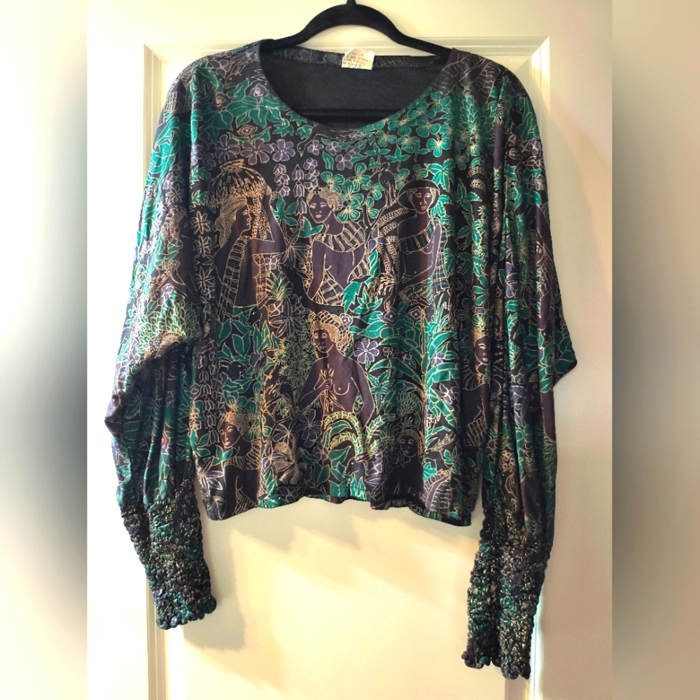 Vintage 90s Indonesian Batik Rayon Shirt – Tropical Village Print Oversized Fit